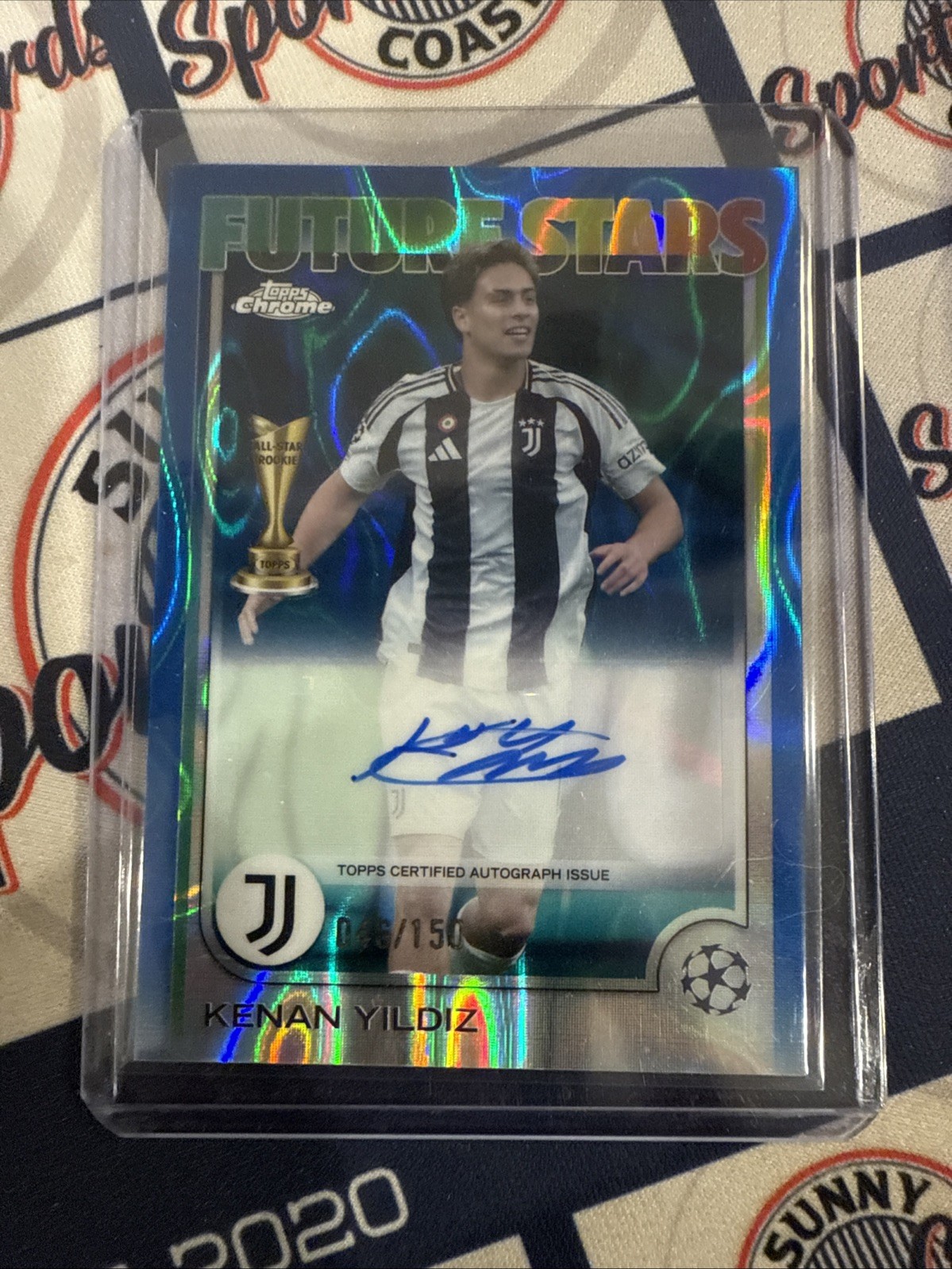 2024-25 Topps Chrome UEFA CC Kenan Yildiz Blue Raywave Rookie Auto Card /150