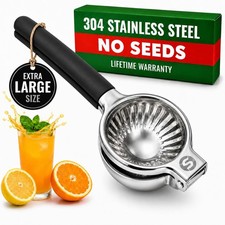 Lemon Squeezer Stainless Steel, Large Bowl, Black Silicone Handle Large bow...