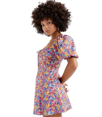 NWT For Love & Lemons Sasha Mini Dress Blue Dizzy Floral Puff Sleeve Size XL