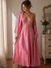 Vintage Y2K Pink Satin Lace Nightgown Robe Set Maxi Slip Coquette M