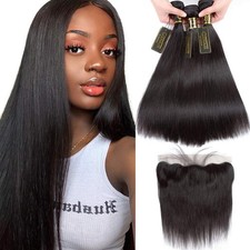 QTHAIR 18A Grade Brazilian Straight Human Hair Bundles Frontal 14'' 16