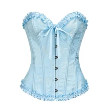 Baby Blue Brocade Corset Bustier Ruffled Lace Up Sweetheart Neckline Size XS