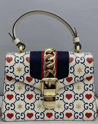 Gucci Ltd Edition Top Handle Cream Sylvie Mini Heart GG Print Handbag with COA