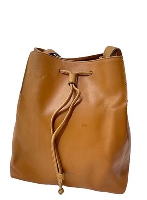 JIL SANDER women s Brown Leather Drawstring Bucket Bag  W/Embossed Logo VGC