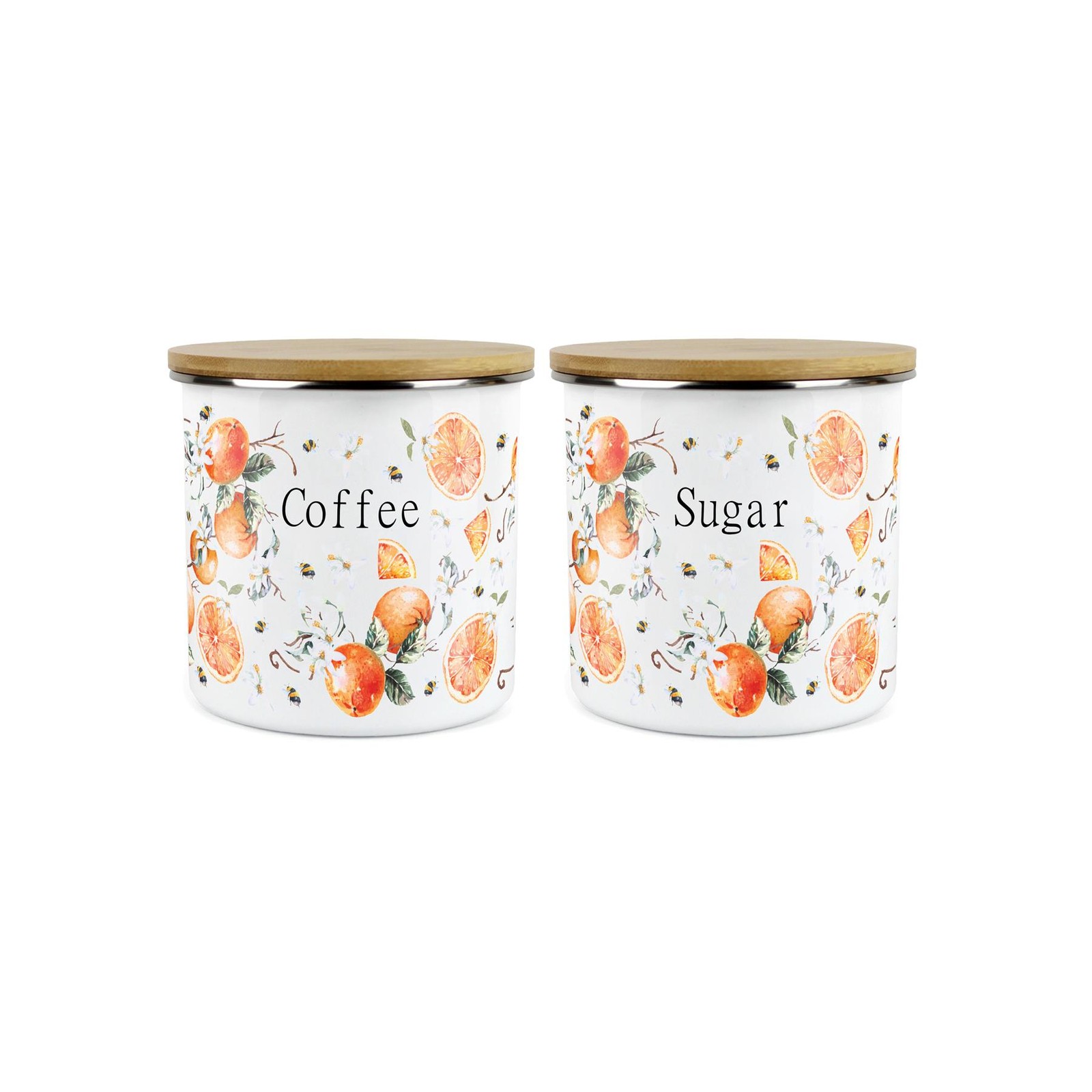 Tangerines Coffee & Sugar Canister Set - Enamel Kitchen Storage Jars Gift