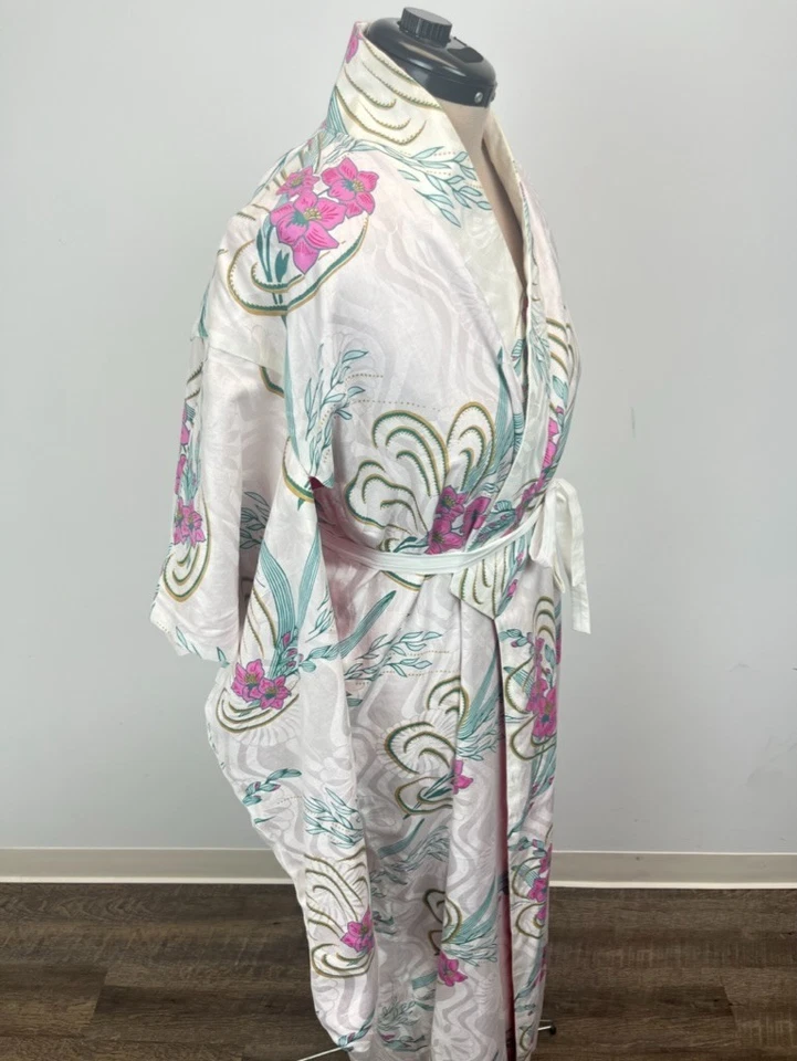 Roupão quimono vintage algodão branco rosa azul-petróleo floral comprimento total com cinto tamanho único - Imagem 2 de 4