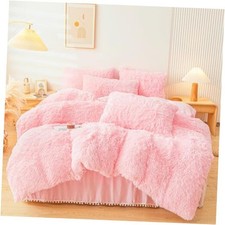 Fluffy Faux Fur Comforter Cover Set  Fuzzy Plush Bedding 3Pcs 1 Faux Queen Pink