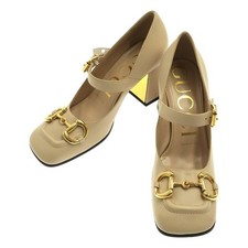 GUCCI Horsebit Leather Square Toe Pumps Pink Beige US5.5 EU35.5 w/Box Dust Bag