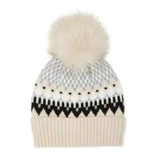 Time And Tru Women's Fair Isle Knit Beanie Hat W Pom Pom Oatmeal Heather New