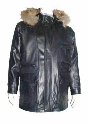 Man Soft Lambskin Black Leather Coat With Hood Hoodie Hooded Zip Off Liner 2030