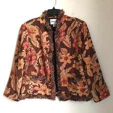 Chicos Jacket Floral Silk Fringe Tweed Women Large 12 Sz 2 Brown Tan Open Blazer