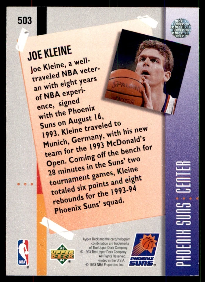 1993-94 Upper Deck Joe Kleine Phoenix Suns #503 - Image 2 of 2
