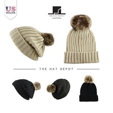 Beanie Hat - Winter hat Faux Fur Pom Pom Beanie 1105