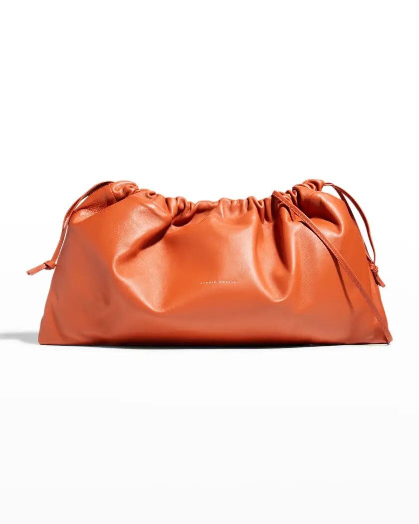 Soft! STUDIO AMELIA Maxi Ruched Lambskin Drawstring Clutch Bag ...