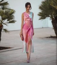 Zara Pink White Multi Tie Dye Print Midi Satin Dress Size S BNWT 8346/201