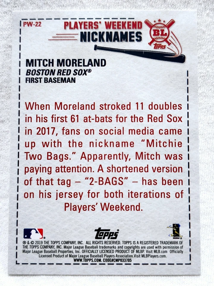 2019 Topps Big League Nicknames 2 Bags Mitch Moreland #PW-22 Boston Red Sox - Image 2 of 2
