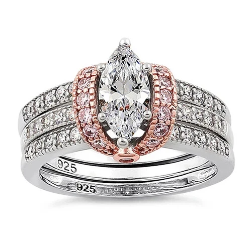 5 ct.tw. Real Italian 925 Sterling Silver 14K Rose Gold Marquise CZ Ring Set - Picture 5 of 6