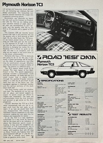 1979 Road Test Plymouth Horizon TC3 Sport Coupe 3 Pages Pics Specs Info - Picture 2 of 2