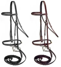 English Show Bridle - Reins - Braided Raised Black Leather - Full Horse Size