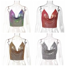 Top Cami Crop Femminili Luccicanti Con Leopardo Collo Halter Sexy Per Festa Club