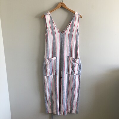 GAP Linen Blend Tank V Neck Belted Womens Sz S Jumpsuit White Red Stripe Boho