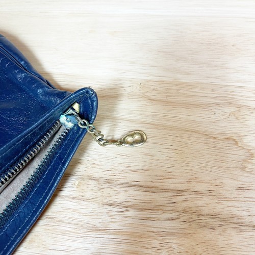 Vintage 80s Navy Blue Leather Clutch Purse Hand Bag Zipper Gold Brass Minimalist - Picture 13 of 24