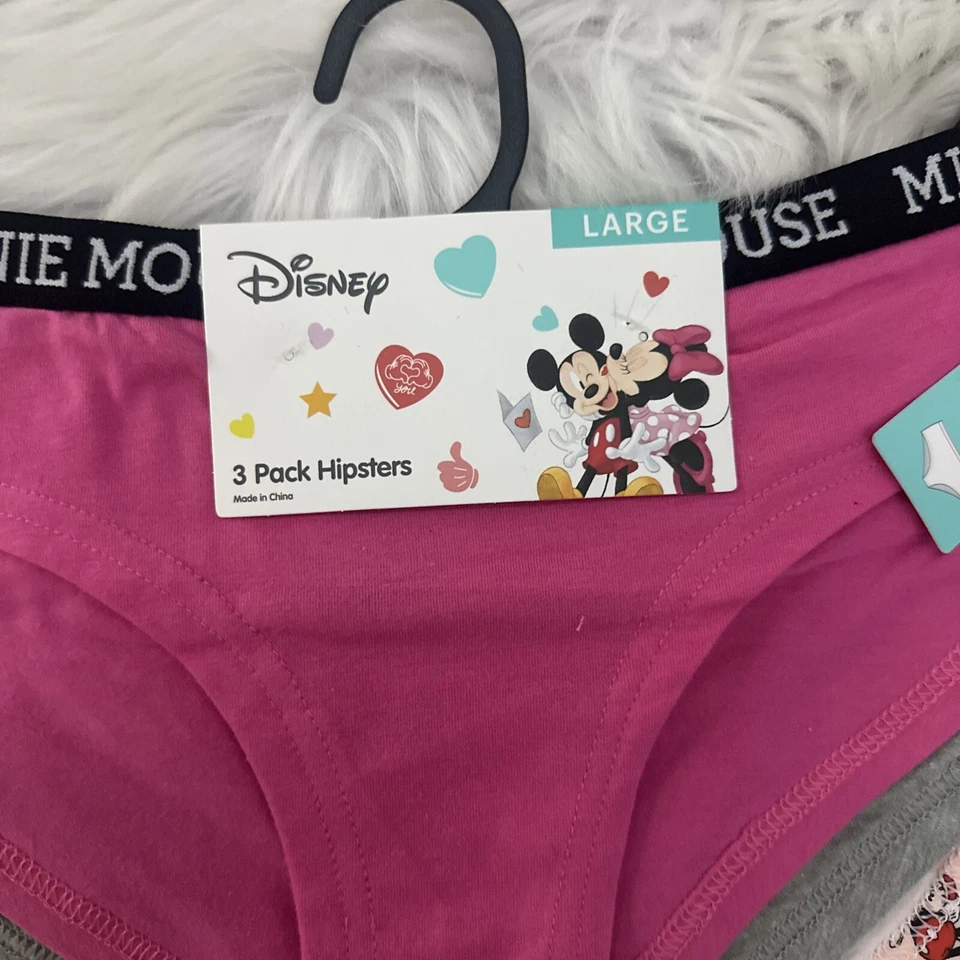 Disney Mickey Minnie paquete de tres ropa interior hipster grande nuevo con etiquetas rosa San Valentín Foto 2 de 4