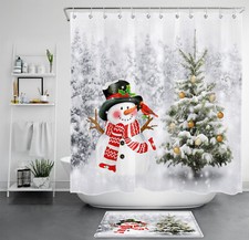 Winter Cardinals Cute Snowman Xmas Tree Shower Curtain Bathroom Accessories Set