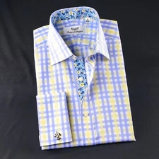 Blue Yellow Check Formal Business Dress Shirt Italian Floral Daisy Inner Lining
