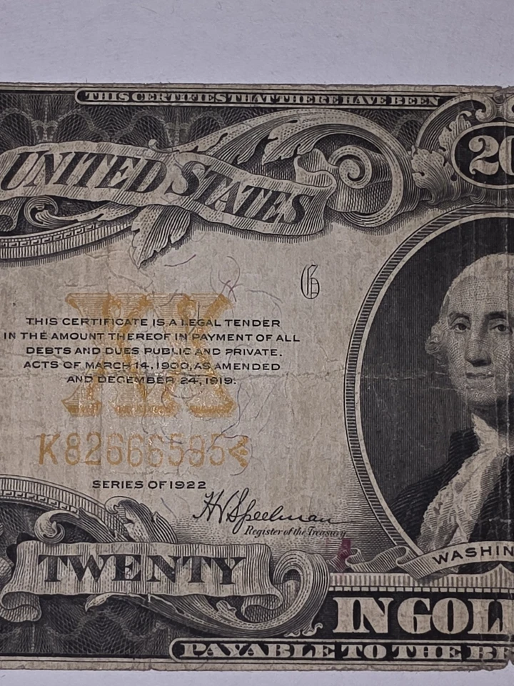 1922 $20 Gold Certificate Note - Image 3 of 4