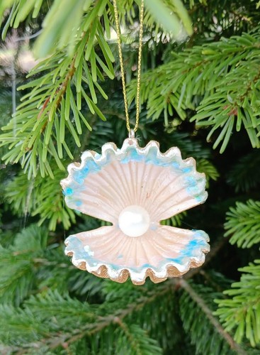 Gisela Graham Shell Christmas Tree Mermaid Hanging Decoration Clam with Pearl x2 - Picture 3 of 4