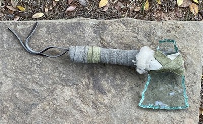  Vtg Native American Large Knapped Glass Tomahawk Leather Fur & Wrapped Handle