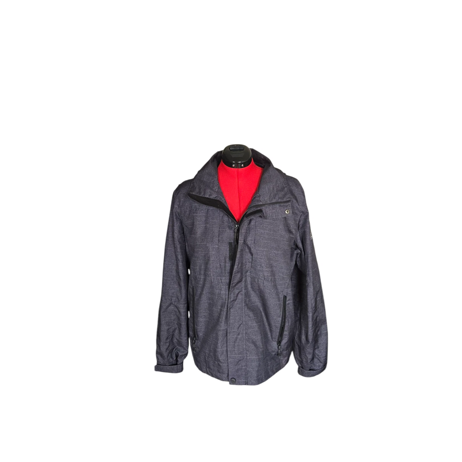 ZeroXposur gray zip front rain coat with pockets and hood, size medium