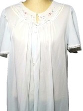 Vintage JC Penney Robe Housecoat Size Large Blue Nylon Button Up Floral Lace S/S