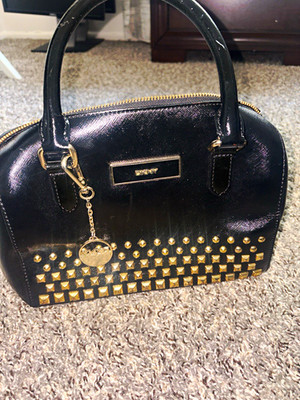 DKNY Black Studded Logo Satchel Top Handle Bag Zip Closure Gold Hardware