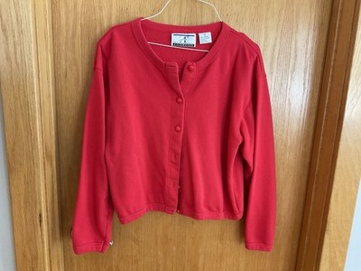 Red Button Down Crop Sweatshirt Jacket ~ Women s M ~ 100% Cotton