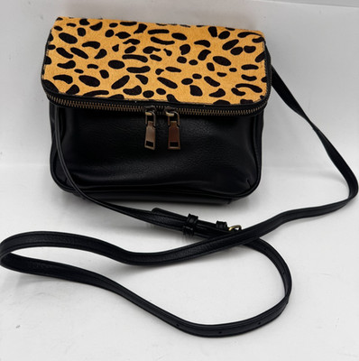 Sasha & Sofi Women's Handbag Black Brown Leather Leopard Print Crossbody Bag