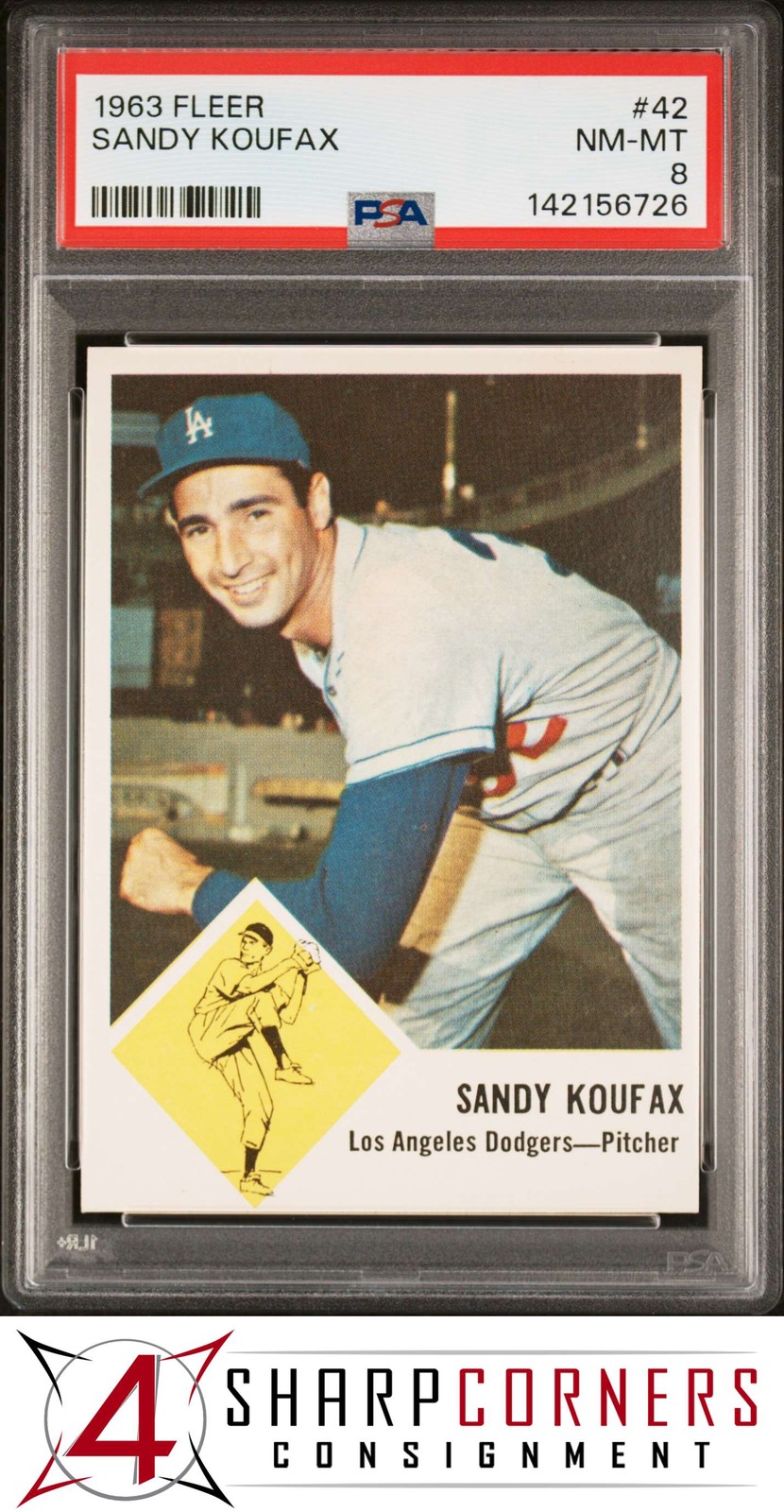 1963 FLEER #42 SANDY KOUFAX DODGERS HOF PSA 8