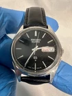 VINTAGE 70’s Seiko SQ Quartz Men's Watch Black Dial Leather Band Stainless Steel