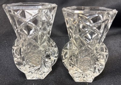 Pair 2 Antique Lead Crystal Pineapple Flair Bud Vase Toothpick Holder 3 