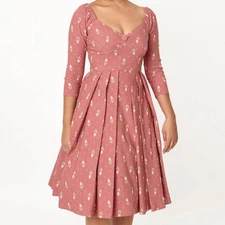 UNIQUE VINTAGE SZ S Pink Tulip 3/4 Sleeve Pleated Midi Lamar Dress NWT B85