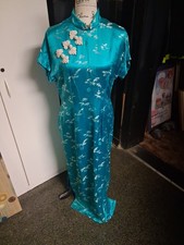 Chinese Satin Cheongsam/Qipao Long Dress Women Size M Blue Ankle
