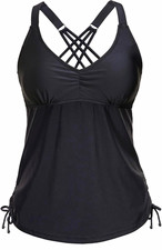 Women s Black Solid 2-Piece Tankini Strappy Adjustable Boy Shorts Set