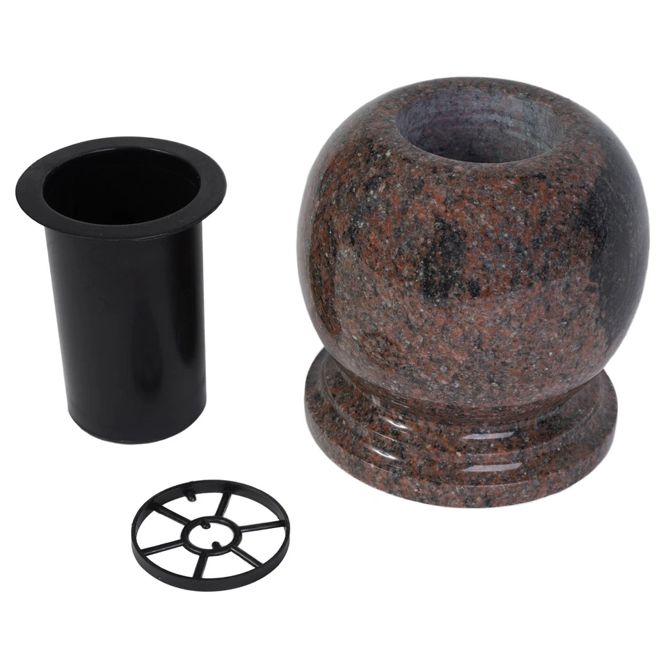 Grab-Vase Granit Aurora Rot Kugel-Vase Friedhof Grab-Schmuck Blumen Grab-Schale - Bild 3 von 4