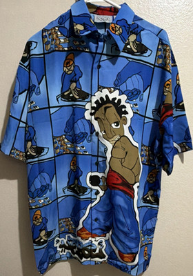 Vintage- Up Ro s Men s M Blue Graphic Print Button-Up Shirt Point Collar