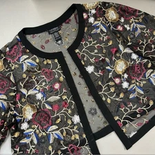 Catherines Black Label Sheer Top Embroidered Floral Print Cropped Open Cardigan