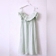 Zara Eyelet Ruffle Midi Dress Womens Medium Mint Green Cotton Cottagecore Summer