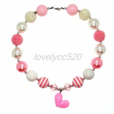 Pink Heart Pendant Chunky Beads Kids Gumball Bubblegum Fashion Women Necklace