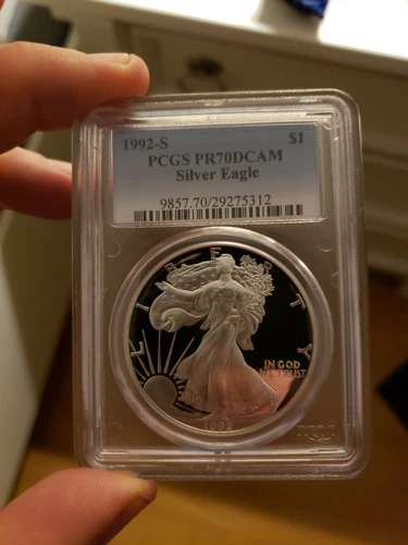 1992 S $1 Proof Silver Eagle PCGS PR70 DCAM Blue Label, FLAWLESS