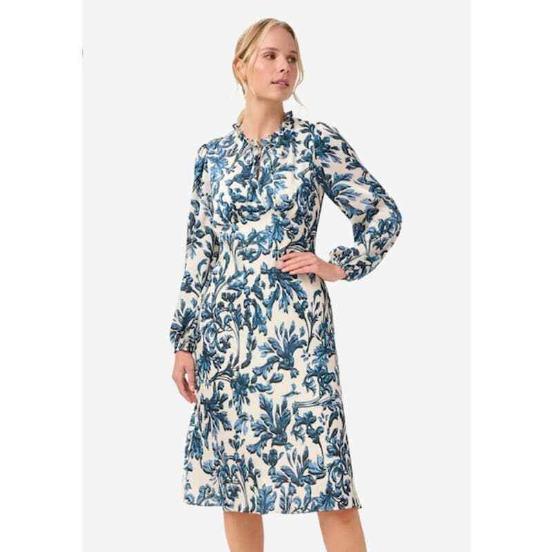 adrianna papell empire waist dresses Adrianna Papell Long Sleeve Printed Empire Waist with Tie Neck Midi Dress